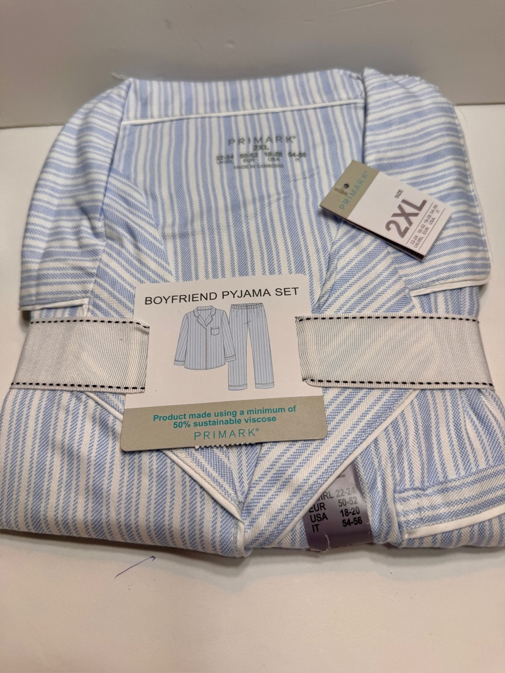 NWT Primark Boyfriend Pajama Set Blue White Striped Pajamas Size 2XL